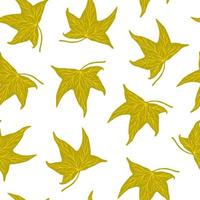 Autumn leaves seamless pattern, simple vector minimalist concept flat style illustration, yellow orange hand drawn natural floral ornament for invitations, textile, gift paper, autumn holiday decor
