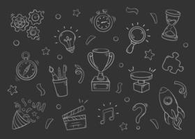 Quiz set in doodle style, vector illustration. Icon question symbol for print and design. Quiz and Exam concept, isolated element on black background. Collection of sign for school and event