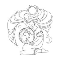 Young woman embraces Earth planet with care and love Vector Line Art illustration on white background.Fantasy art of Earth day and saving planet.Environment conservation and energy saving concept