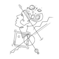 cabeza de mujer de arte abstracto con planetas y formas geométricas ilustración vectorial aislada en fondo blanco.arte de línea cara de mujer surrealista.boceto en blanco y negro vector