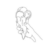 cono de helado lineart dibujado a mano ilustración vectorial.helado en mano humana dibujo de línea continua aislado en fondo blanco.arte minimalista comida dulce.postre frío.boceto en blanco y negro vector