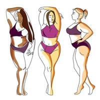 tres mujeres regordetas y con curvas, niñas con diferentes colores de piel, modelos de talla grande en trajes de baño, ilustración de vectores de arte mínimo.