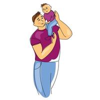 Father and child vector illustration isolated on white background. Greeting card with happy dad holding his cute child on shoulders. family spending time together.Father and son cartoon drawing