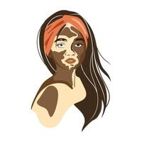 retrato de mujer joven con piel de vitíligo ilustración vectorial moderna diseño aislado. vitíligo rostro femenino oscuro de perfil. chica de piel oscura. concepto de tolerancia a la diversidad concepto positivo del cuerpo vector