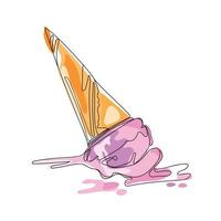 Ilustración de vector de arte de línea minimalista de cono de helado caído aislado sobre fondo blanco. Ilustración de color de helado dibujado a mano. Postre, comida dulce.