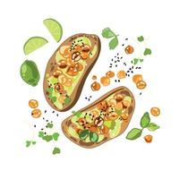 Sándwiches de pan de centeno con crema de aguacate y garbanzos, y vista superior de microvegetales. Ilustración vectorial en blanco. Comida vegana y vegetariana saludable. Delicioso desayuno gourmet. Concepto de comida saludable vector