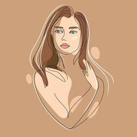 mujer de arte minimalista en estilo lineal sobre ilustración de vector de fondo beige.cara de mujer abstracta con colores pastel.retrato de mujer para salón de belleza, logotipo y emblema.arte de línea de retrato contemporáneo