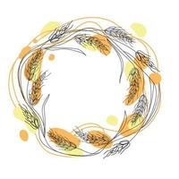 Wheat or barley wreath with color spots, line art vector illustration, round label isolated on white background. rye spikelets of wheat ears circle frame.banner, flyer template.bakery packaging design