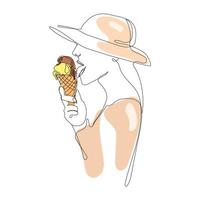 hermosa mujer joven con helado, dibujo lineal ilustración vectorial de arte mínima aislada en fondo blanco. chica con sombrero comiendo cono de helado diseño de línea continua. comida dulce vector