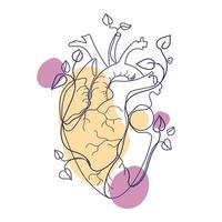 Abstract Human Anatomical Heart Line art modern drawing,vector graphic.Heart with branches and leaves growing from it.Minimal art design isolated on white background.Hand drawn human organ vector