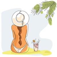 Woman in a hat and swimsuit relaxing on the beach with a cocktail.Vector Line art illustration. Summer vacation, rest and relaxation. Leisure on a beach. vector