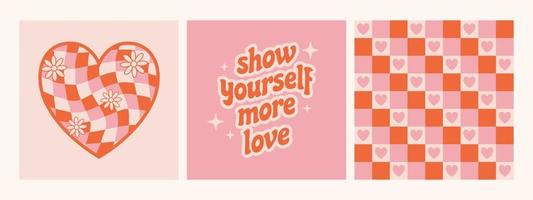 Set of retro colorful 70's poster collection with checkered background. Show yourself more love slogan. vector