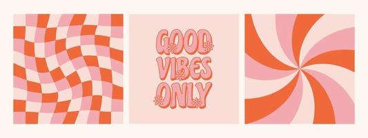 Retro colorful 70's poster collection for t-shirt print design and cards. Good vibes only slogan. vector