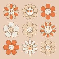 linda y sonriente colección de flores al estilo retro de los años 70. parches florales antiguos. vector