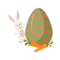 personaje de conejito. se asoma de huevo, zanahorias. conejo de pascua divertido y feliz. vector