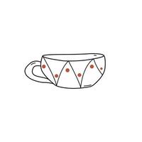 Hand drawn cup with geometric ornament and colorful dots doodle style, vector illustration isolated on white background. Black outline, decorative design element