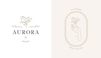 ilustración de la plantilla de logotipo con flor de magnolia y mano femenina vector