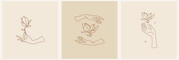 Women's symbols for trendy skin care cosmetics. Female hand with magnolia flower, template logo vector illustration in line art style.