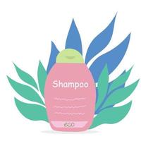 productos para el cuidado del cabello champú sobre fondo tropical. ilustración vectorial vector