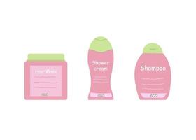 Hair care products shampoo, shower gel, hair mask one brand. Vector illustration