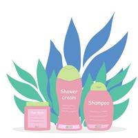 Hair care products shampoo, shower gel, hair mask one brand. Vector illustration