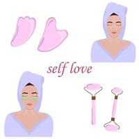 Gua Sha massage. Massage lines on the face, instructions on how to do facial massage vector