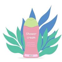 Hair care products shower cream on a tropical background. Vector illustration