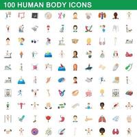 100 human body icons set, cartoon style