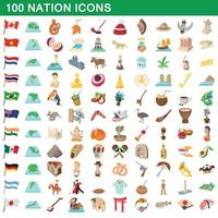 100 nación, conjunto de iconos de estilo de dibujos animados