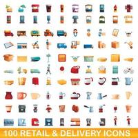 100 retail and delivery icons set, cartoon style