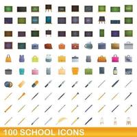 100 escuela, conjunto de iconos de estilo de dibujos animados vector