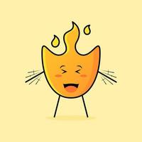 cute fire cartoon with happy expression. close eyes, mouth open and hands shaking. suitable for logos, icons, symbols or mascots vector