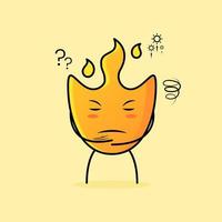 linda caricatura de fuego con expresión de pensamiento y ojos cerrados. adecuado para logotipos, iconos, símbolos o mascotas vector