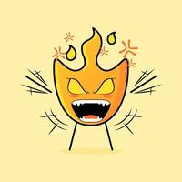 cute fire cartoon with very angry expression. hands shaking, mouth open and eyes bulging. suitable for logos, icons, symbols or mascots vector