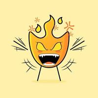 linda caricatura de fuego con expresión muy enojada. manos temblorosas, boca abierta y ojos saltones. adecuado para logotipos, iconos, símbolos o mascotas vector