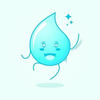 cute water cartoon with happy expression. jump, one hand up, mouth open and sparkling eyes. suitable for logos, icons, symbols or mascots. blue and white vector
