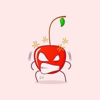 cute cherry cartoon character with angry expression. eyes bulging and teeth grinning. red and green. suitable for logos, icons, symbols or mascots vector