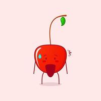 lindo personaje de dibujos animados de cereza con expresión sorprendida y boca abierta. verde y rojo. adecuado para emoticonos, logotipos, mascotas o pegatinas vector