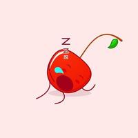 lindo personaje de dibujos animados de cereza con expresión de sueño y boca abierta. verde y rojo. adecuado para emoticonos, logotipos, mascotas e iconos vector