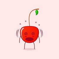 lindo personaje de dibujos animados de cereza con expresión mareada y ojos rodantes. verde y rojo. adecuado para emoticonos, logotipos, mascotas e iconos vector