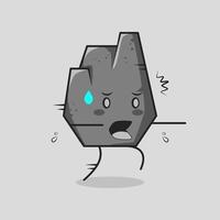 linda caricatura de piedra con expresión de miedo y correr. adecuado para emoticono, logo, mascota o pegatina. gris vector