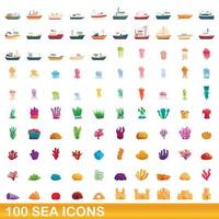 100 sea icons set, cartoon style vector