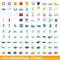 100 universal icons set, cartoon style vector