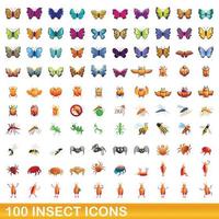 100 insectos, conjunto de iconos de estilo de dibujos animados