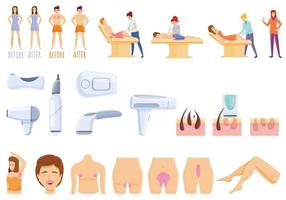 Laser hair removal icons set, cartoon style vector