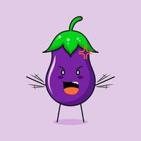 lindo personaje de berenjena con expresión enojada. verde y morado. adecuado para emoticono, logo, mascota. ambas manos levantadas y boca abierta vector