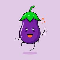 lindo personaje de berenjena con sonrisa y expresión feliz, salto, una mano arriba, boca abierta y ojos brillantes. verde y morado. adecuado para emoticonos, logotipos, mascotas e iconos vector