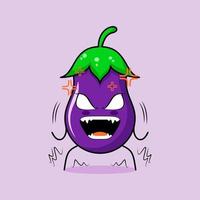 cute eggplant character with very angry expression. eyes bulging and mouth wide open. green and purple. suitable for emoticon, logo, mascot vector