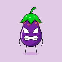 cute eggplant character with angry expression. eyes bulging and grinning. green and purple. suitable for emoticon, logo, mascot vector