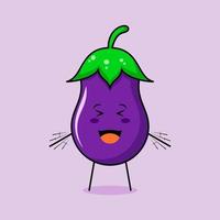 lindo personaje de berenjena con sonrisa y expresión feliz, ojos cerrados, boca abierta y manos temblorosas. verde y morado. adecuado para emoticonos, logotipos, mascotas e iconos vector